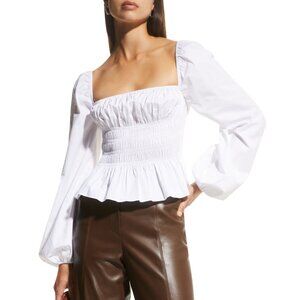 New Staud Jules Cotton Poplin Smocked Top White Large $225